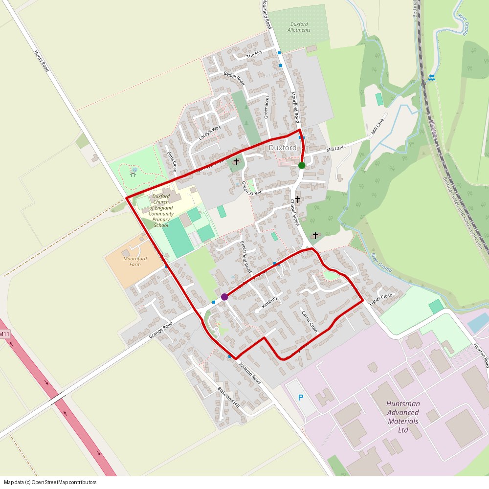 Adults course map: start outside the John Barleycorn, via St John's Street, Hunts Road, Rectory Road and Hinxton Road, finishing up St Peter's Street at The Plough