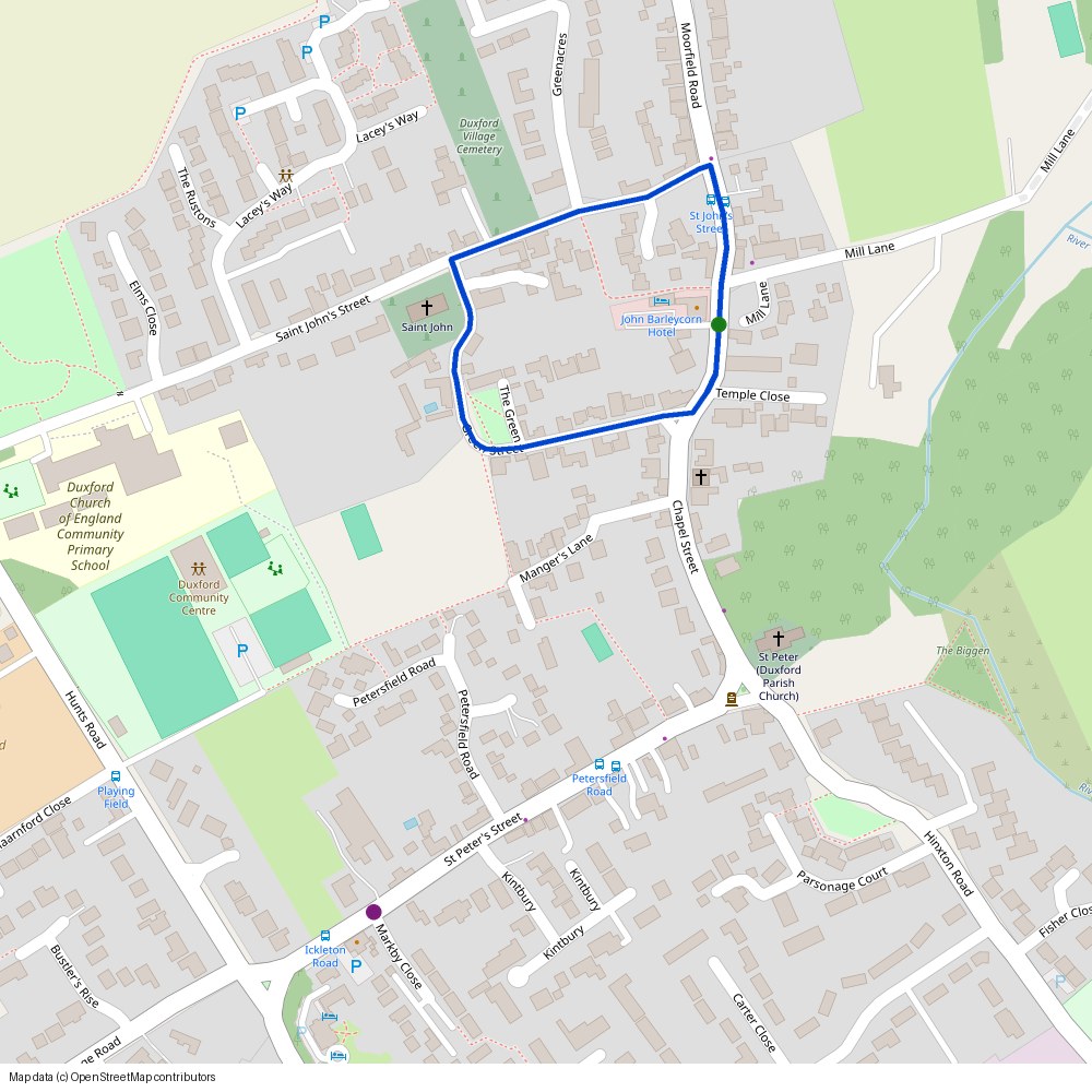 Childrens course map: start and finish outside the John Barleycorn, looping via Saint John's Street and Green Street